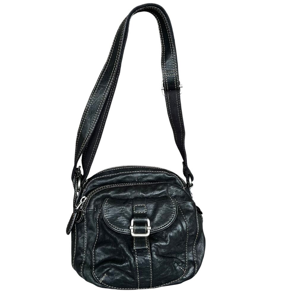 Vintage Fossil Black Leather Crossbody Bag Purse SOFT Shoulder 2 Zipper READ